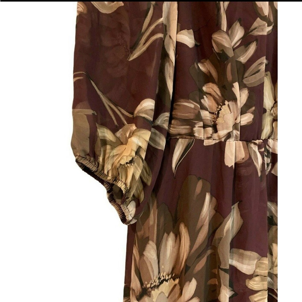 size 22W Gabby Skye Chiffon Wrap Plum Taupe Floral Puff Sleeve Midi Dress - Picture 6 of 10